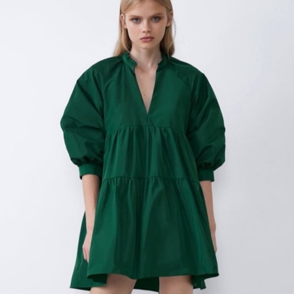 ZARA Green Voluminous Tiered Babydoll Taffetta Mini Dress - Picture 2 of 13